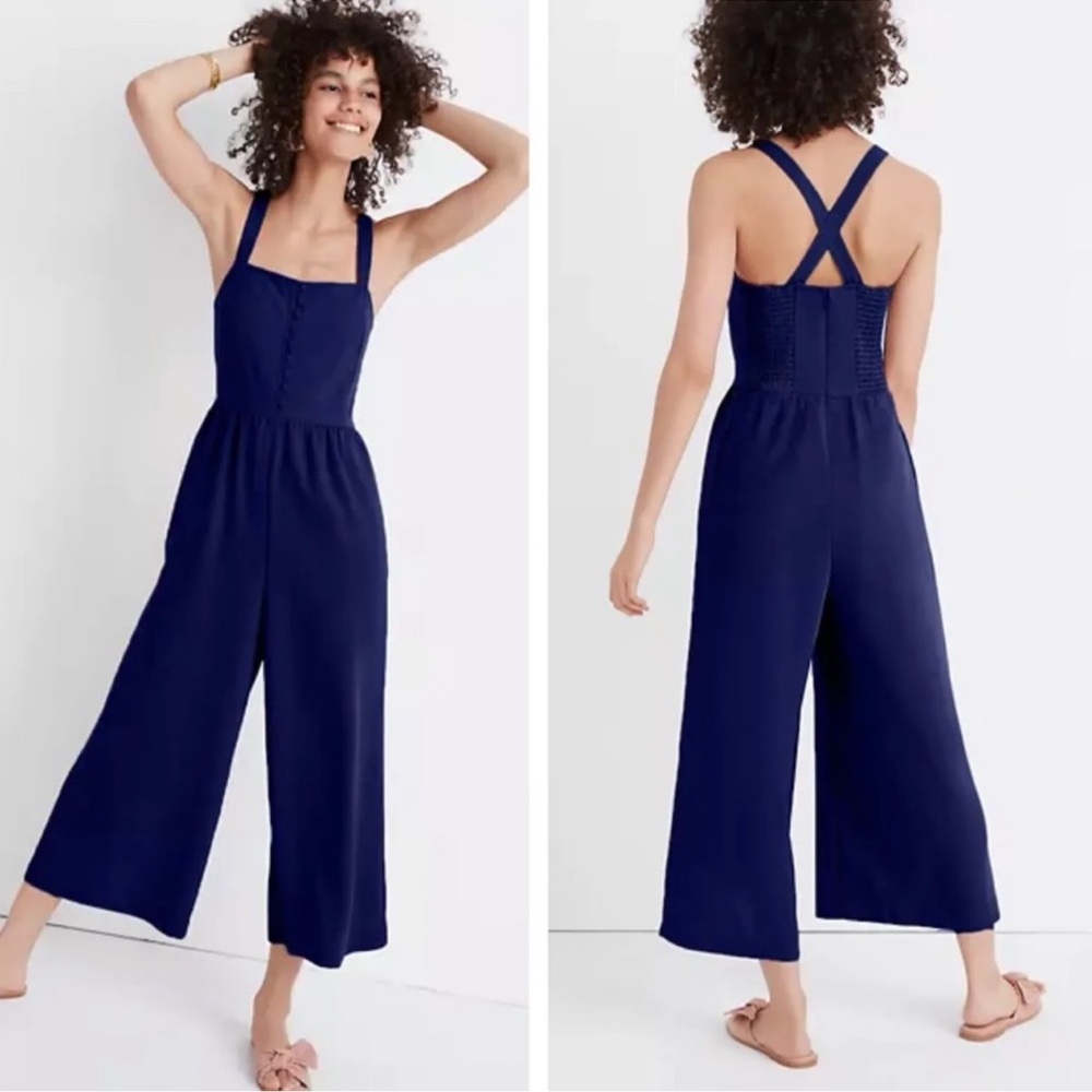 Madewell Navy Blue Smocked Button-Front Crop Jumpsuit - Picture 7 of 14